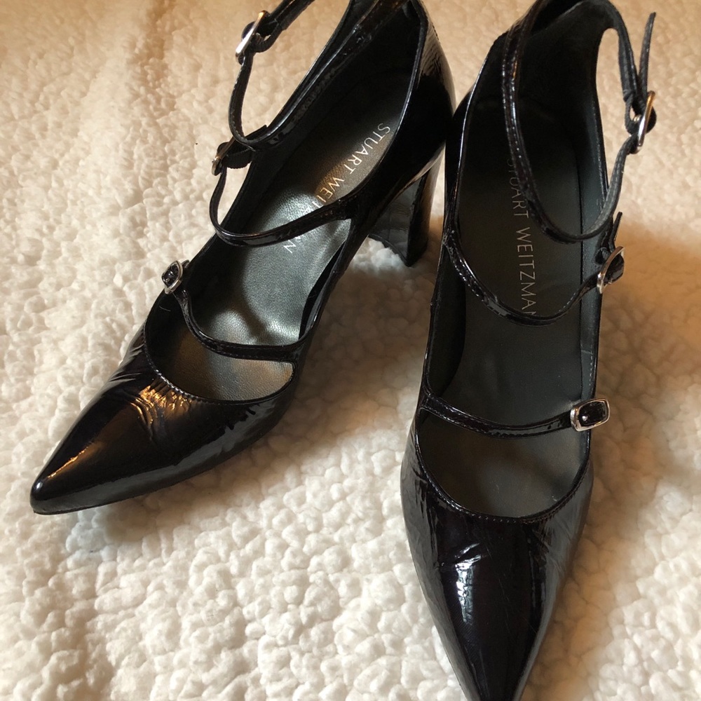 Stuart Weitzman black patent leather strap heels